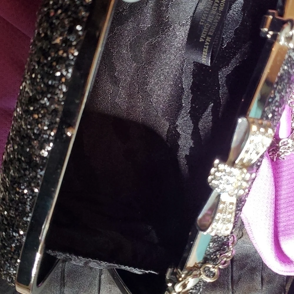 Vintage Black Silver Sequin Evening Bag with Chain